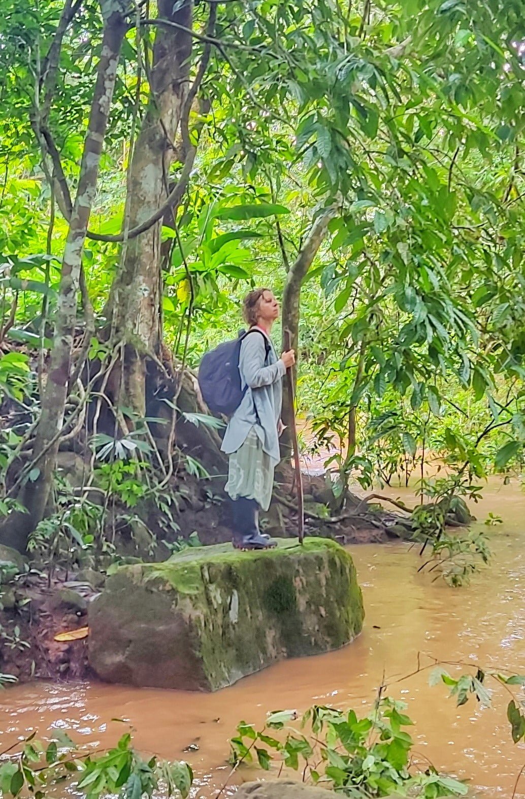 Image of Karin Hakansson is standing on a big rock in the rainforest, looking out on the Huallaga River.