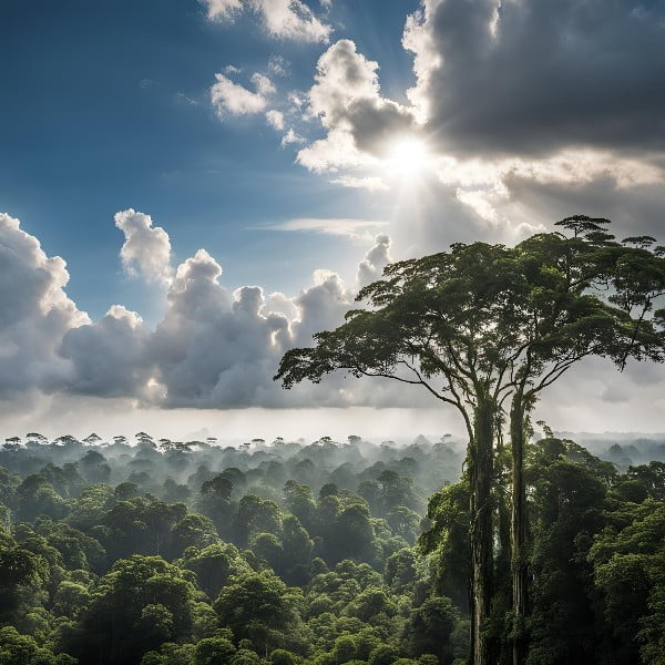 Amazon rainforest in peru with cloudy sky and sunrays,